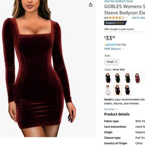 GOBLES Womens Sexy Velvet Long Sleeve Bodycon Elegant Mini Party Dress - Size Sm